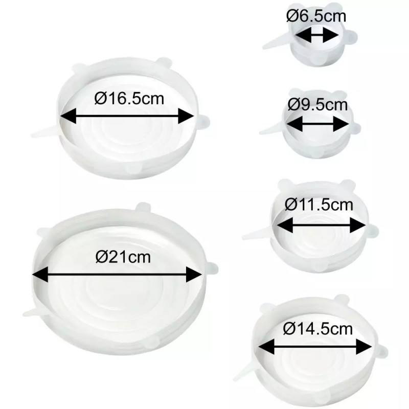 Set de 6 capace din silicon Kinghoff KH 1902, -40 până la 230°C, Potrivire strânsă și etanșă, Reutilizabil, Universal, Transparent