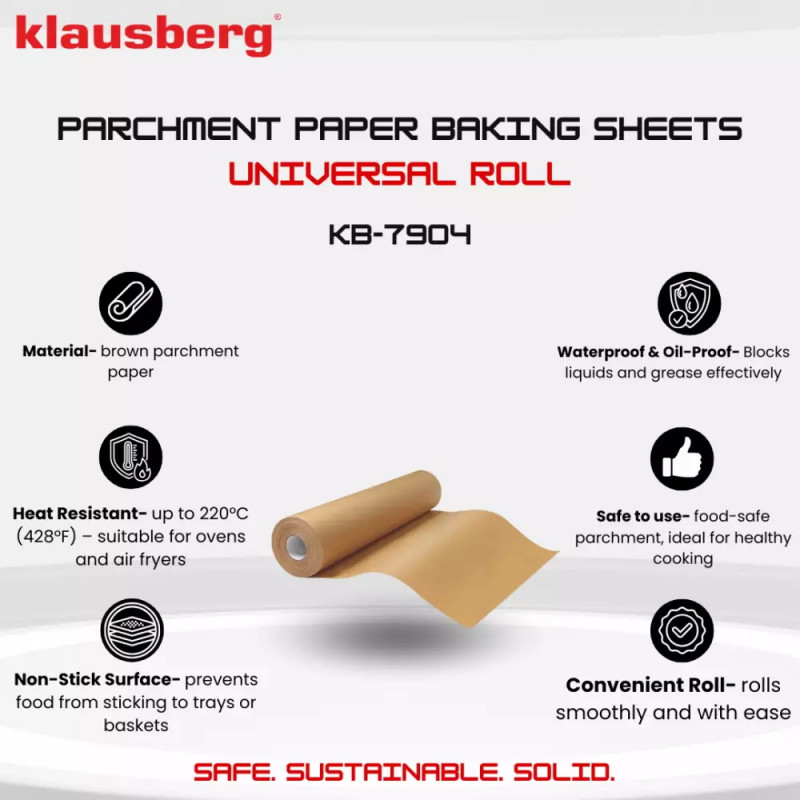 Pergament de copt Klausberg KB 7904, Rolă 50 m, 38 cm, -40 până la 230°C, Utilizare universală, Neaderent, Maro