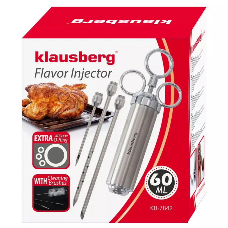 Seringă pentru marinat carne Klausberg KB 7842, 60 ml, 3 ace, oțel inoxidabil, fără BPA, argintiu