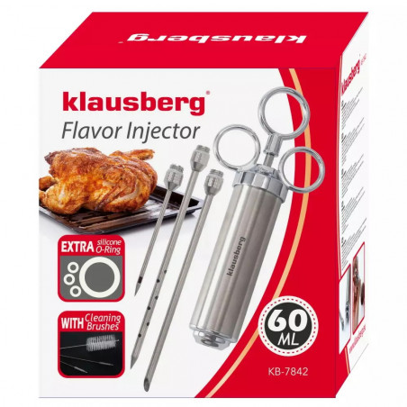 Seringă pentru marinat carne Klausberg KB 7842, 60 ml, 3 ace, oțel inoxidabil, fără BPA, argintiu