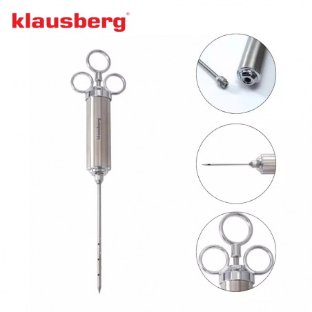Seringă pentru marinat carne Klausberg KB 7842, 60 ml, 3 ace, oțel inoxidabil, fără BPA, argintiu
