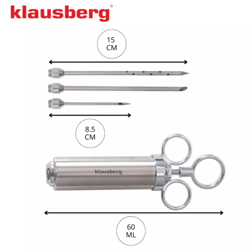 Seringă pentru marinat carne Klausberg KB 7842, 60 ml, 3 ace, oțel inoxidabil, fără BPA, argintiu