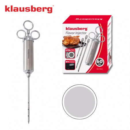 Seringă pentru marinat carne Klausberg KB 7842, 60 ml, 3 ace, oțel inoxidabil, fără BPA, argintiu