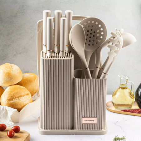 Set cuțite și ustensile Klausberg KB 7935, Placă și suport, 12 piese, Bej