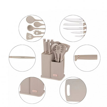 Set cuțite și ustensile Klausberg KB 7935, Placă și suport, 12 piese, Bej