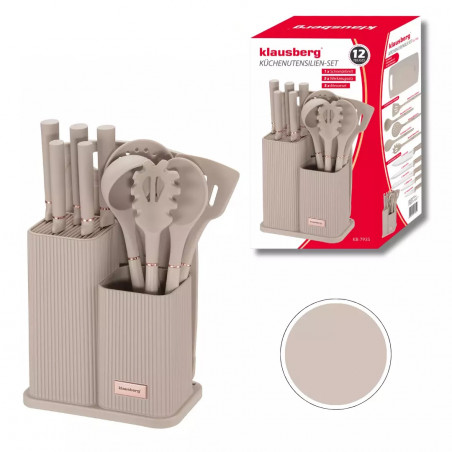 Set cuțite și ustensile Klausberg KB 7935, Placă și suport, 12 piese, Bej