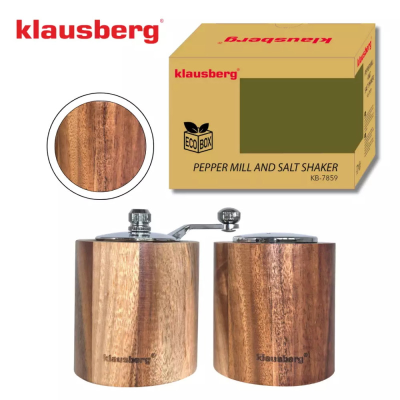 Klausberg KB 7859 Set moară de piper și sare, Mecanism ceramic, lemn de salcâm, maro