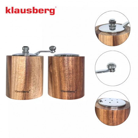 Klausberg KB 7859 Set moară de piper și sare, Mecanism ceramic, lemn de salcâm, maro