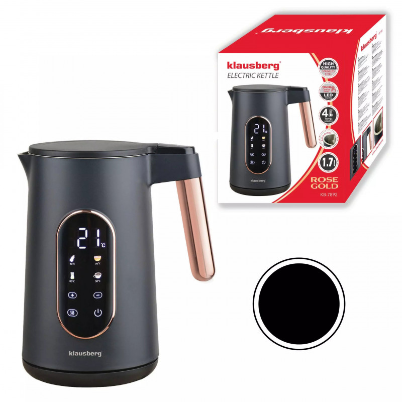 Fierbător electric Klausberg KB 7892, 2200W, 1,7 l, 13 setări, 4 programe, Afișaj LED, Bază rotativă, Negru / roz auriu