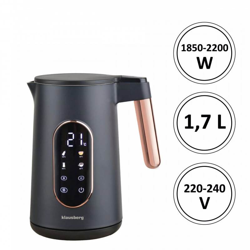 Fierbător electric Klausberg KB 7892, 2200W, 1,7 l, 13 setări, 4 programe, Afișaj LED, Bază rotativă, Negru / roz auriu