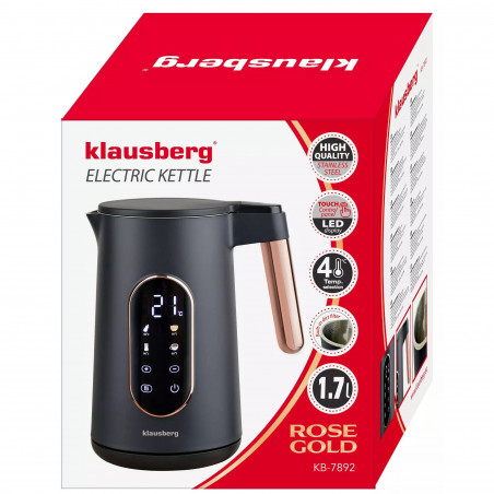 Fierbător electric Klausberg KB 7892, 2200W, 1,7 l, 13 setări, 4 programe, Afișaj LED, Bază rotativă, Negru / roz auriu