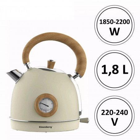 Fierbător electric cu termometru Klausberg KB 7906, 2200W, 1.8 l, Indicator nivel apă, Protecție supraîncălzire, Crem