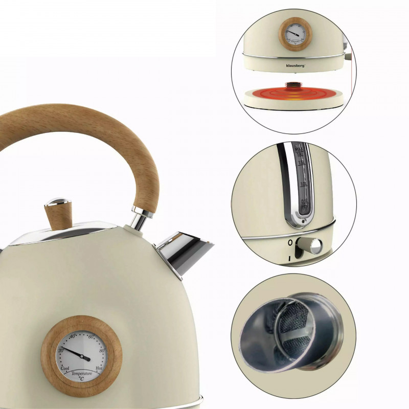 Fierbător electric cu termometru Klausberg KB 7906, 2200W, 1.8 l, Indicator nivel apă, Protecție supraîncălzire, Crem