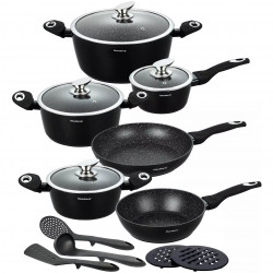 Set de oale și tigăi Klausberg KB 7322, 15 bucăți, Termocuplu, Orificiu de turnare, Inducție, Negru