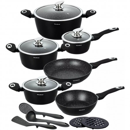 Set de oale și tigăi Klausberg KB 7322, 15 bucăți, Termocuplu, Orificiu de turnare, Inducție, Negru