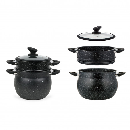 Cuptor cu aburi Royalty Line RL-CP6LM, 20 cm, 6 litri, 3 bucăți, Finisaj marmură, Inducție, Negru