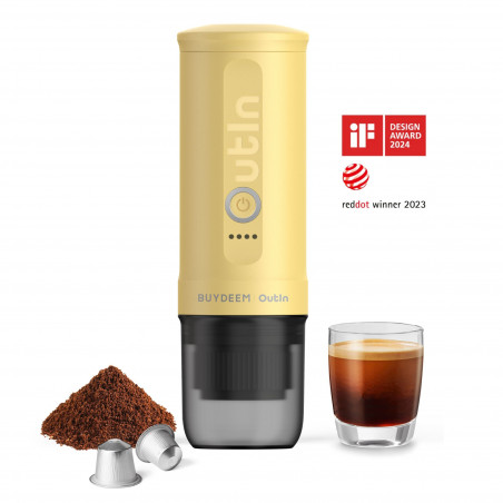 Espressor portabil BUYDEEM Outin Nano OTEM-01, 7500 mAh, 20 bar, 50 ml, 12/24V, Incarcare USB Type-C, Cafea macinata si capsule, Galben