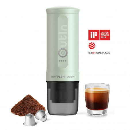 Espressor portabil BUYDEEM Outin Nano OTEM-01, 7500 mAh, 20 bar, 50 ml, 12/24V, Incarcare USB Type-C, Cafea macinata si capsule, Verde