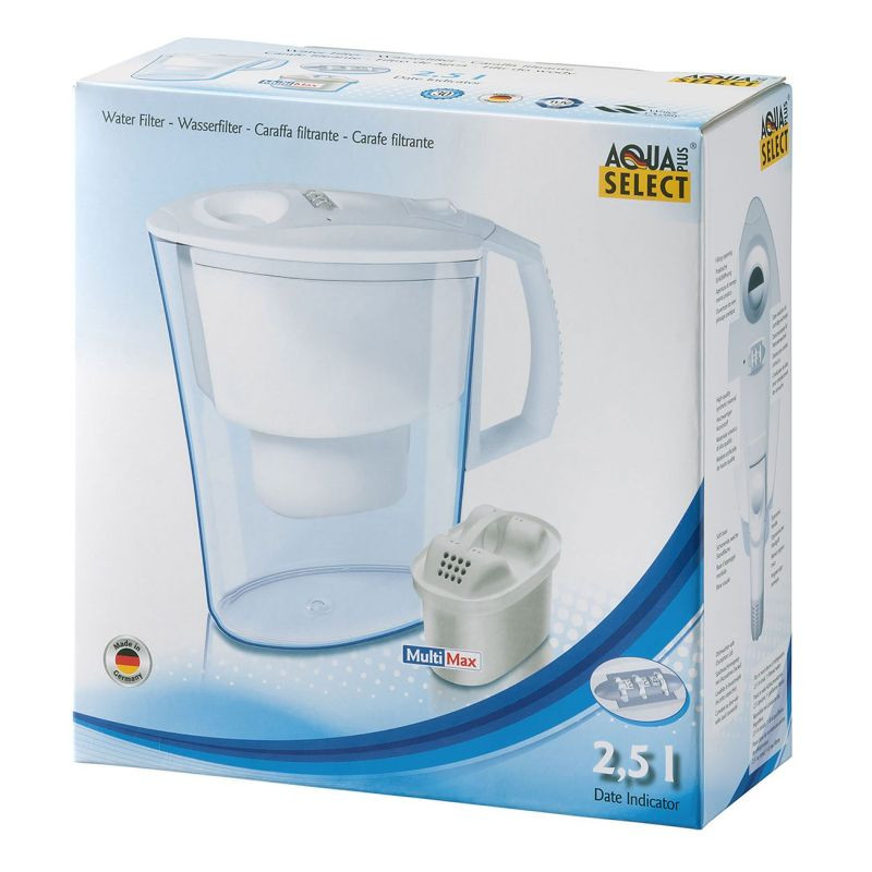 Ulcior de apă cu filtru Aquaselect B18, 2,5 l, Bază antiderapantă, Filtru cu rășini schimbătoare de ioni și carbon activ, Alb