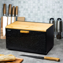 Cutie de pâine Klausberg KB 7464, 35.5 cm, Oțel, Bambus, Capac superior și frontal, Negru