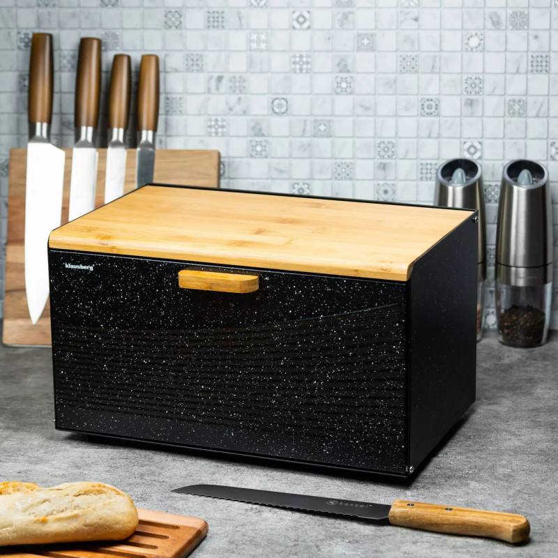 Cutie de pâine Klausberg KB 7464, 35.5 cm, Oțel, Bambus, Capac superior și frontal, Negru