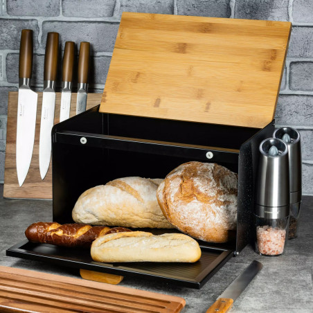 Cutie de pâine Klausberg KB 7464, 35.5 cm, Oțel, Bambus, Capac superior și frontal, Negru