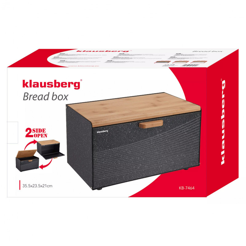 Cutie de pâine Klausberg KB 7464, 35.5 cm, Oțel, Bambus, Capac superior și frontal, Negru