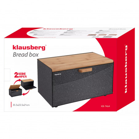 Cutie de pâine Klausberg KB 7464, 35.5 cm, Oțel, Bambus, Capac superior și frontal, Negru