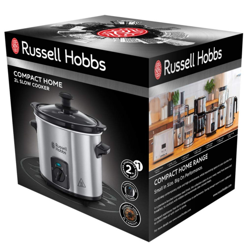 Russell Hobbs Compact Home Slow Cooker 25570-56, 145W, 2L, 3 setări de temperatură, vase ceramice, fără BPA și PFAS, negru/inox