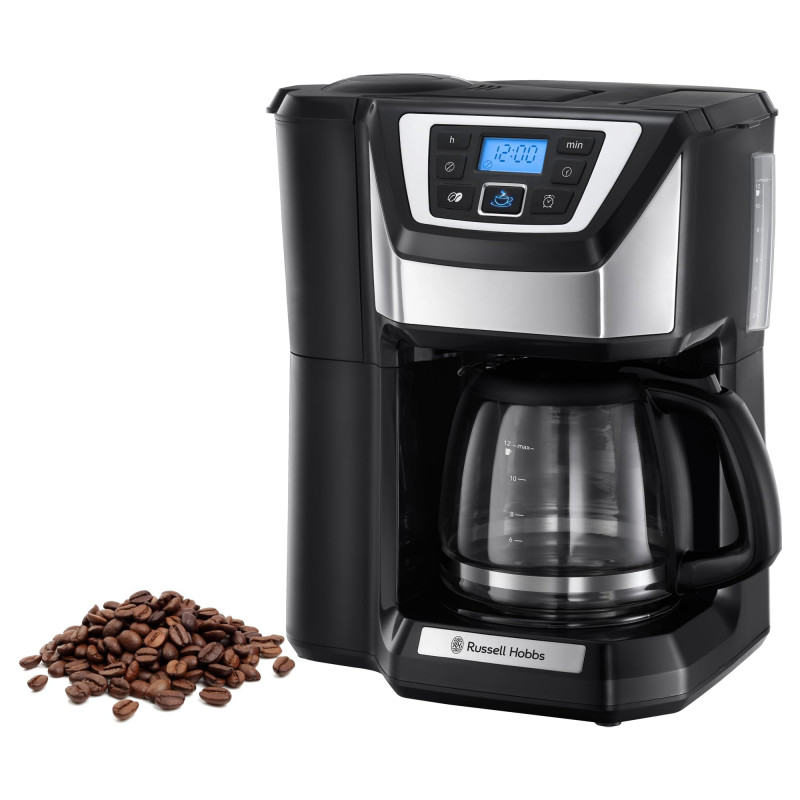 Cafetiera Russell Hobbs Victory Grind & Brew 22000-56, 1025W, 1,5 L, 250 g, 12 cesti, Timer, Filtru incorporat, Negru/inox