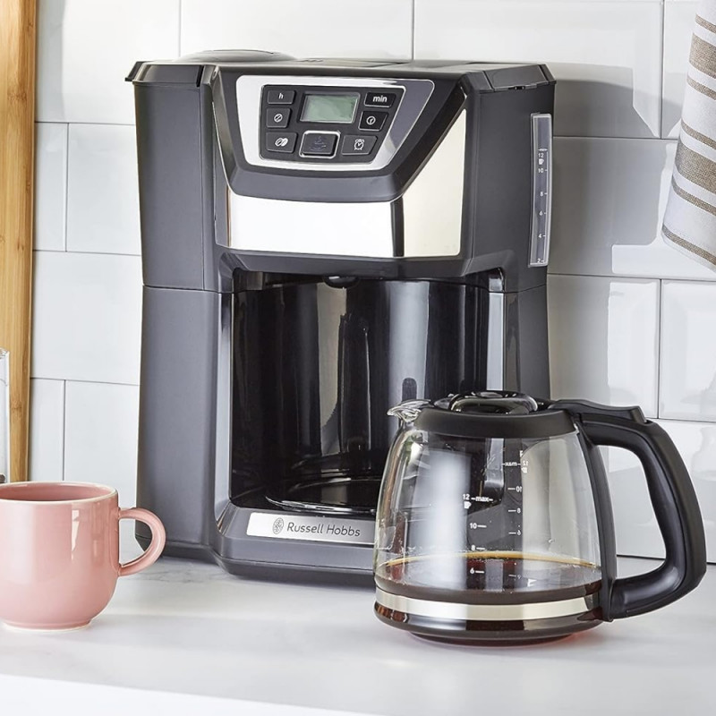 Cafetiera Russell Hobbs Victory Grind & Brew 22000-56, 1025W, 1,5 L, 250 g, 12 cesti, Timer, Filtru incorporat, Negru/inox