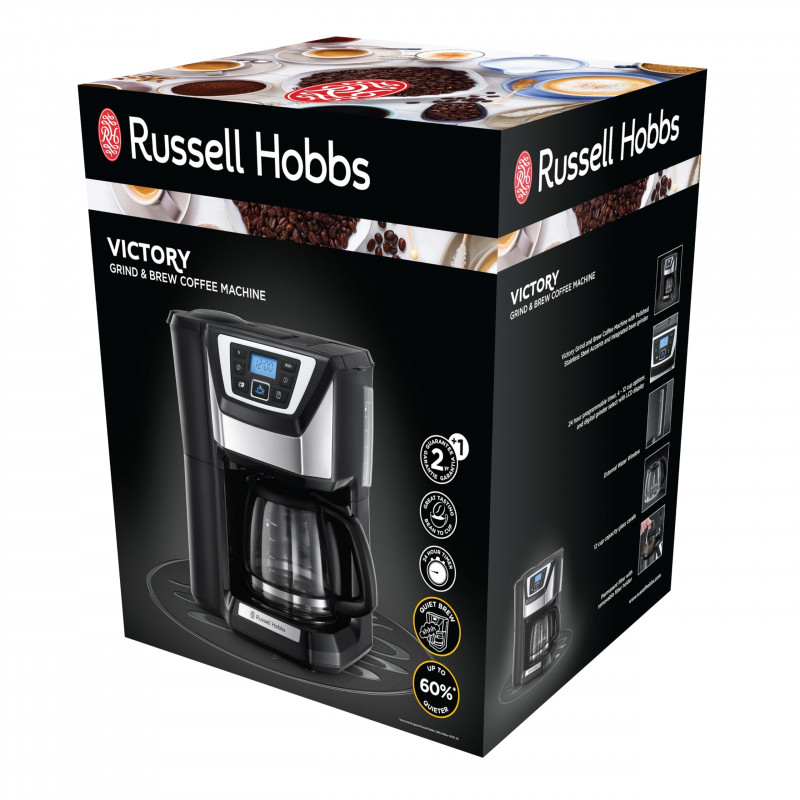 Cafetiera Russell Hobbs Victory Grind & Brew 22000-56, 1025W, 1,5 L, 250 g, 12 cesti, Timer, Filtru incorporat, Negru/inox