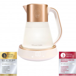 Russell Hobbs Calm Kettle 27450-70, 2400W, 1,7 l, 40-100°C, Fierbere silențioasă, butoane tactile, alerte sonore, 6 culori schimbătoare, Protect, fără BPA și PFAS, alb/dorat