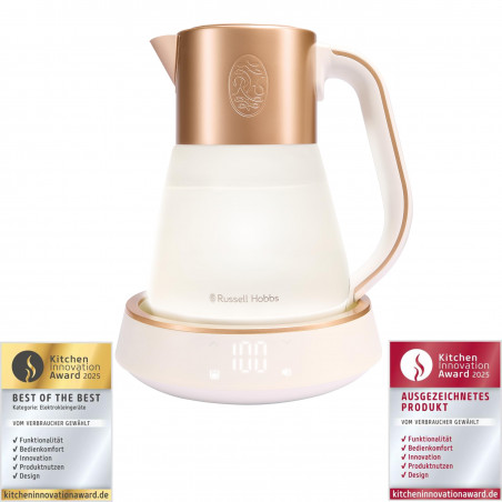 Russell Hobbs Calm Kettle 27450-70, 2400W, 1,7 l, 40-100°C, Fierbere silențioasă, butoane tactile, alerte sonore, 6 culori schimbătoare, Protect, fără BPA și PFAS, alb/dorat