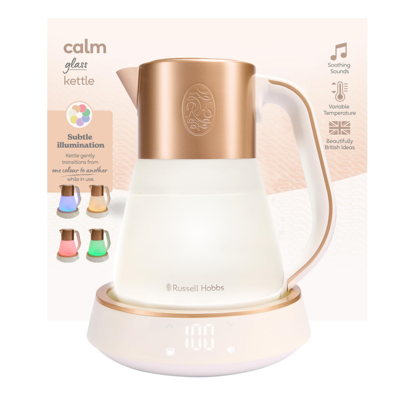 Russell Hobbs Calm Kettle 27450-70, 2400W, 1,7 l, 40-100°C, Fierbere silențioasă, butoane tactile, alerte sonore, 6 culori schimbătoare, Protect, fără BPA și PFAS, alb/dorat