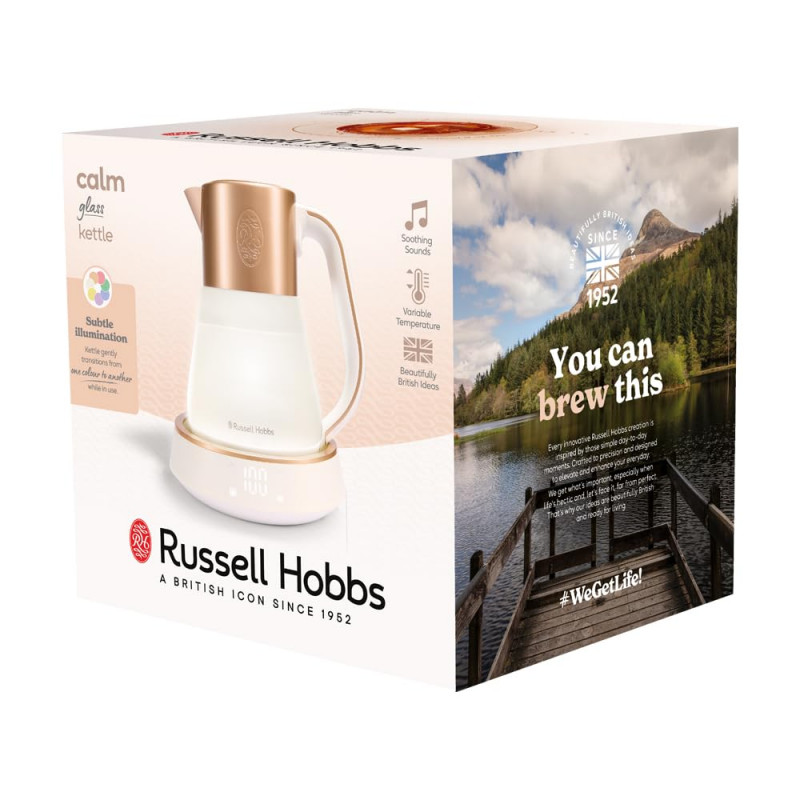 Russell Hobbs Calm Kettle 27450-70, 2400W, 1,7 l, 40-100°C, Fierbere silențioasă, butoane tactile, alerte sonore, 6 culori schimbătoare, Protect, fără BPA și PFAS, alb/dorat