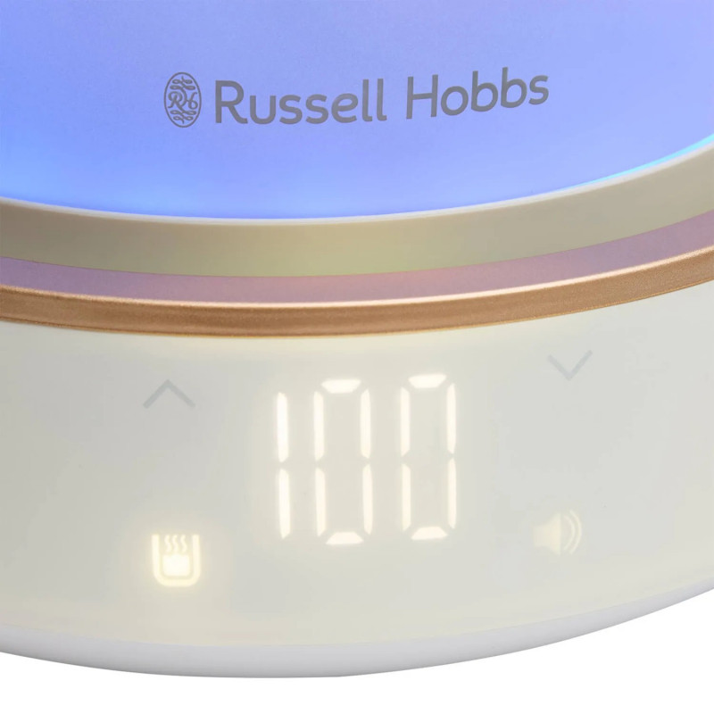 Russell Hobbs Calm Kettle 27450-70, 2400W, 1,7 l, 40-100°C, Fierbere silențioasă, butoane tactile, alerte sonore, 6 culori schimbătoare, Protect, fără BPA și PFAS, alb/dorat