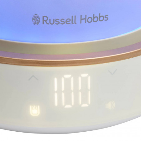 Russell Hobbs Calm Kettle 27450-70, 2400W, 1,7 l, 40-100°C, Fierbere silențioasă, butoane tactile, alerte sonore, 6 culori schimbătoare, Protect, fără BPA și PFAS, alb/dorat