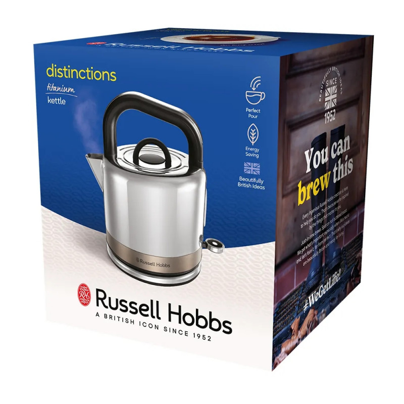 Fierbător electric Russell Hobbs Distinctions Titanium 26422-70, 2400W, 1,5 l, Fierbere rapidă, Filtru lavabil anti-calcar, Baza 360°, Protecție, Inox/Titaniu