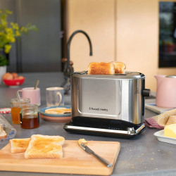 Prajitor de paine Russell Hobbs Attentiv 26210-56, 1640W, 2 felii, 6 trepte, Centrare, Control tactil, LED, Depozitare, Fara BPA si PFAS, Inox/Negru