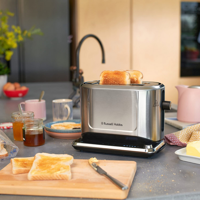 Prajitor de paine Russell Hobbs Attentiv 26210-56, 1640W, 2 felii, 6 trepte, Centrare, Control tactil, LED, Depozitare, Fara BPA si PFAS, Inox/Negru