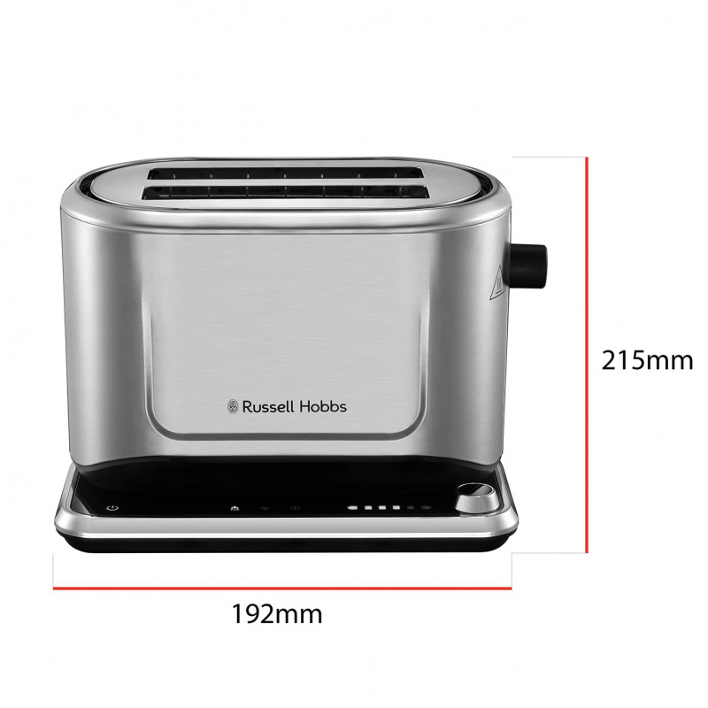 Prajitor de paine Russell Hobbs Attentiv 26210-56, 1640W, 2 felii, 6 trepte, Centrare, Control tactil, LED, Depozitare, Fara BPA si PFAS, Inox/Negru