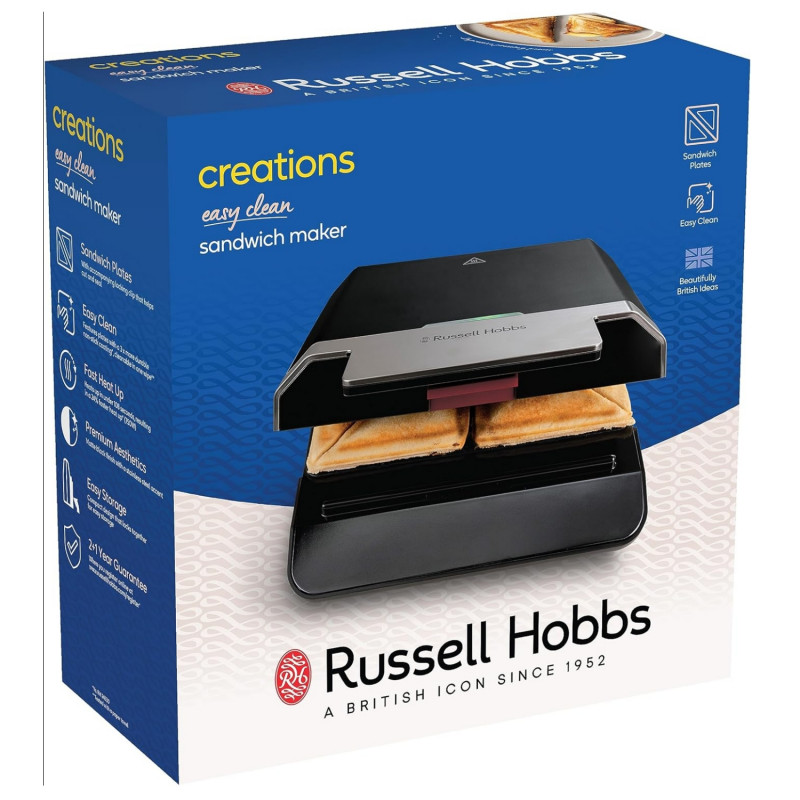 Sandwich Toaster Russell Hobbs Creations 26800-56, 750W, 4 felii, Placi neaderente, Incalzire rapida, Indicatoare, Negru/Inox