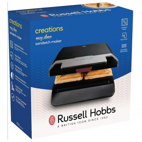 Sandwich Toaster Russell Hobbs Creations 26800-56, 750W, 4 felii, Placi neaderente, Incalzire rapida, Indicatoare, Negru/Inox