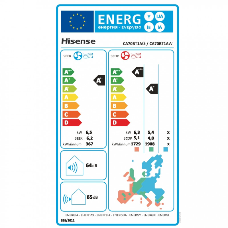 Aparat de aer conditionat inverter Hisense Easy Smart CA70BT1A, 24000 BTU, 48 m², A++, Silentios, FreezeProtect pana la -15°C, Alb