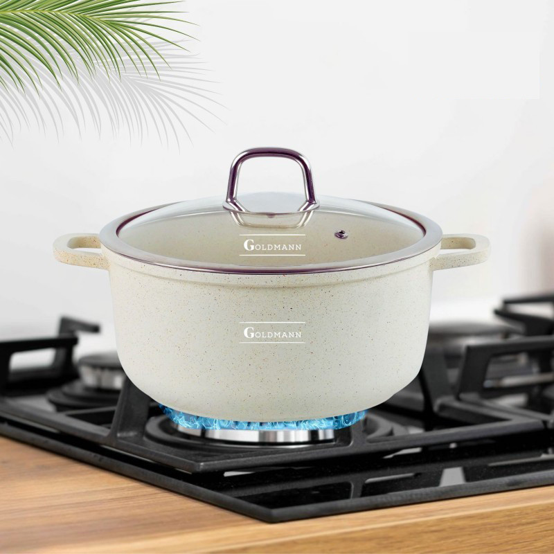 Cratita Goldmann GM-0324B, 4,5 l, 24 cm, Acoperire neaderenta din marmura, Capac sticla, Inductie, Bej