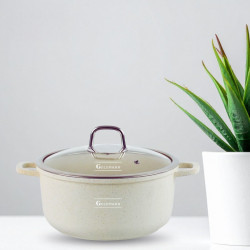 Cratita Goldmann GM-0324B, 4,5 l, 24 cm, Acoperire neaderenta din marmura, Capac sticla, Inductie, Bej