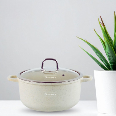 Cratita Goldmann GM-0324B, 4,5 l, 24 cm, Acoperire neaderenta din marmura, Capac sticla, Inductie, Bej
