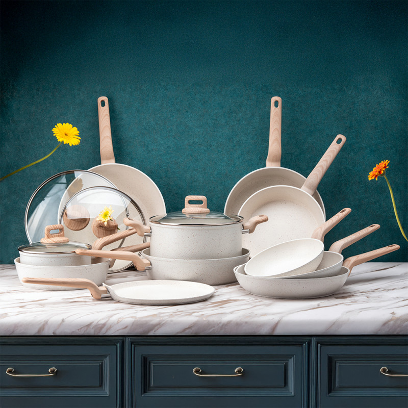 Tigaie adanca cu capac Voltz Nice OV54419E28CD, 28x6.8 cm, Finisaj marmura, Inductie, Cream melange