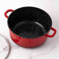 Oala Goldmann GM-7320R, 2.3 l, 20 cm, Acoperire neaderenta din marmura, Capac sticla, Inductie, Rosu